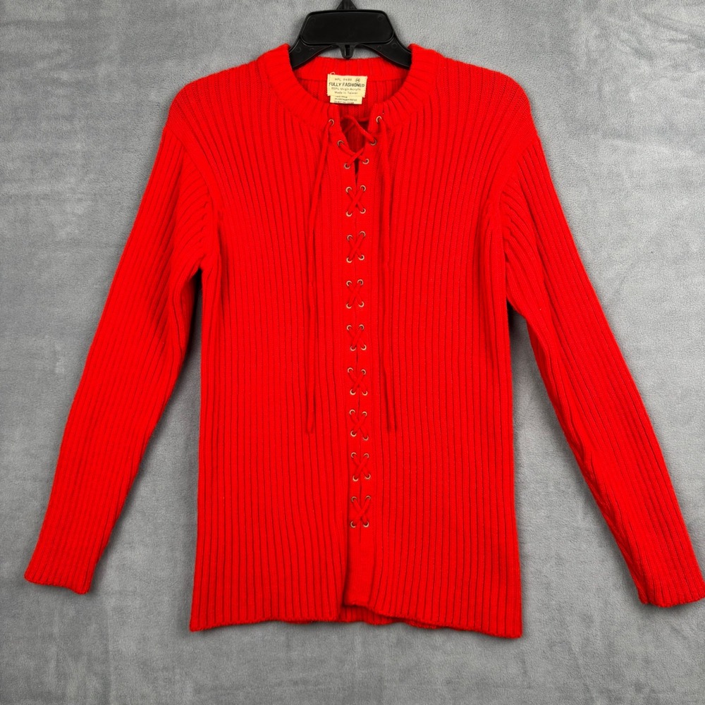Vintage Fully Fashioned Red Ribbed Lace Up Sweater Women‎ Medium Acrylic Knit